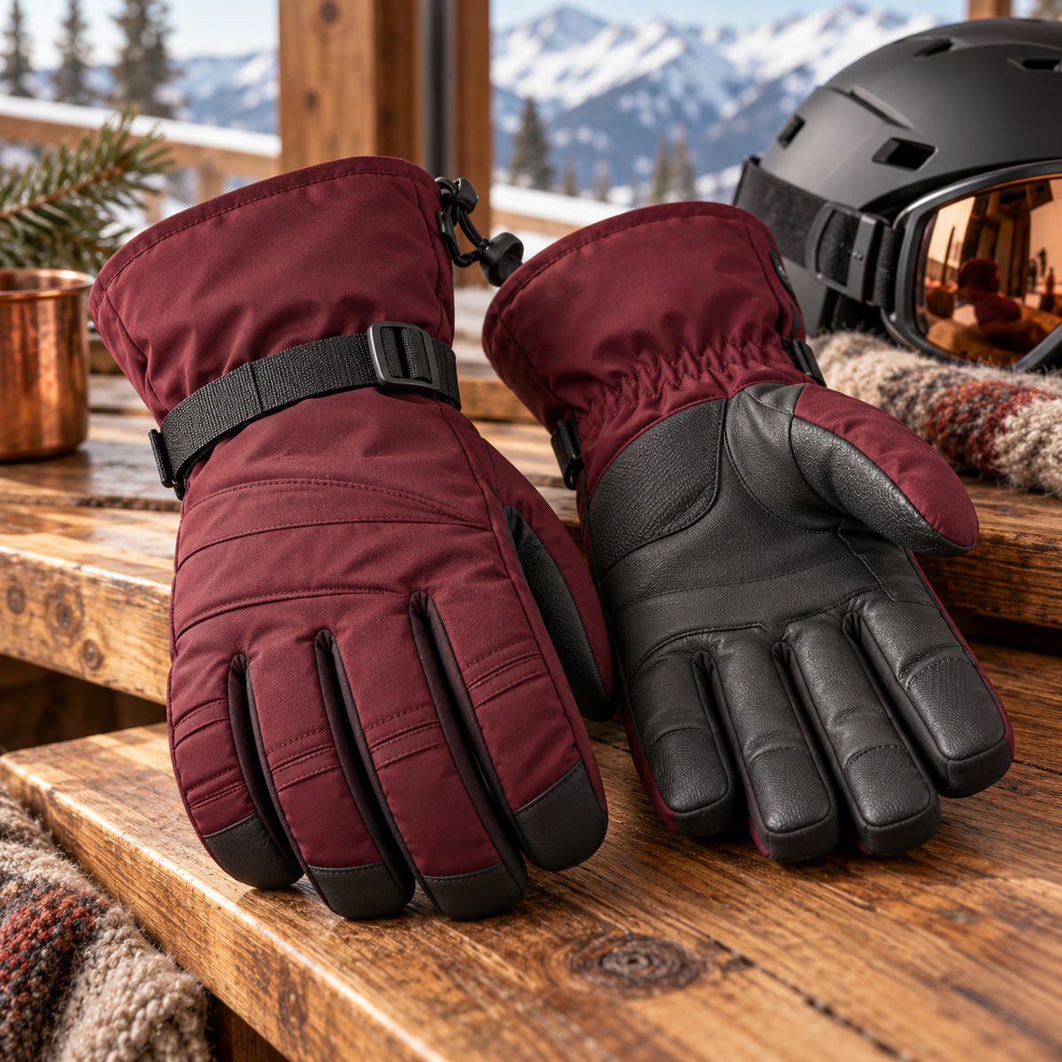 Ridge Burgundy Ski Gloves — digitally generated product illustration; props not included