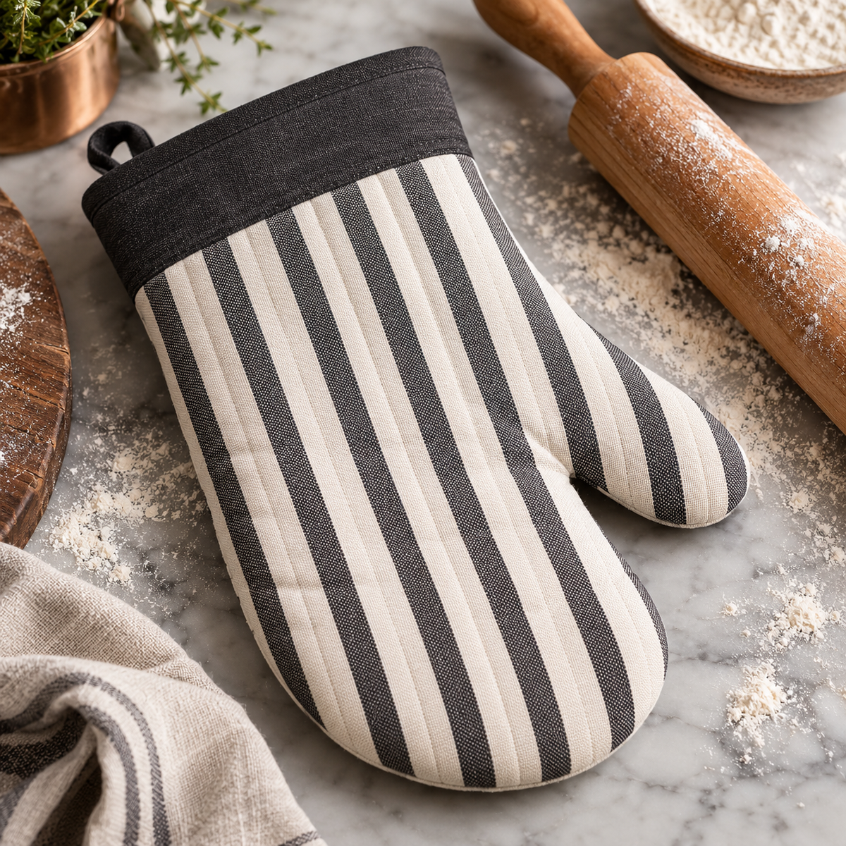 Atelier Stripe Oven Mitt — digitally generated product illustration; props not included