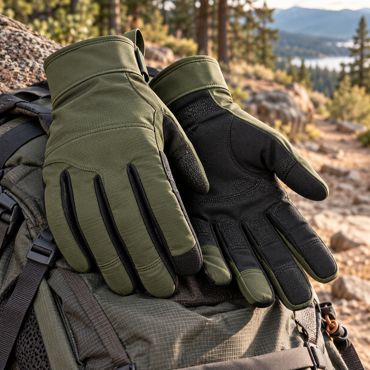 Trail Olive Outdoor Gloves — digitally generated product illustration; props not included
